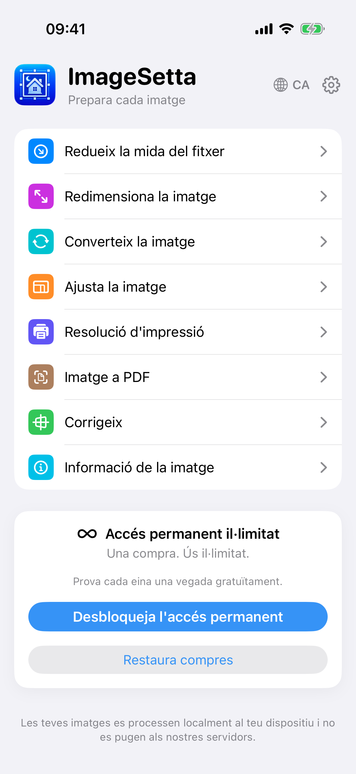 Pantalla d’inici d’ImageSetta: vuit eines, Accés permanent il·limitat, el processament es queda en aquest dispositiu.