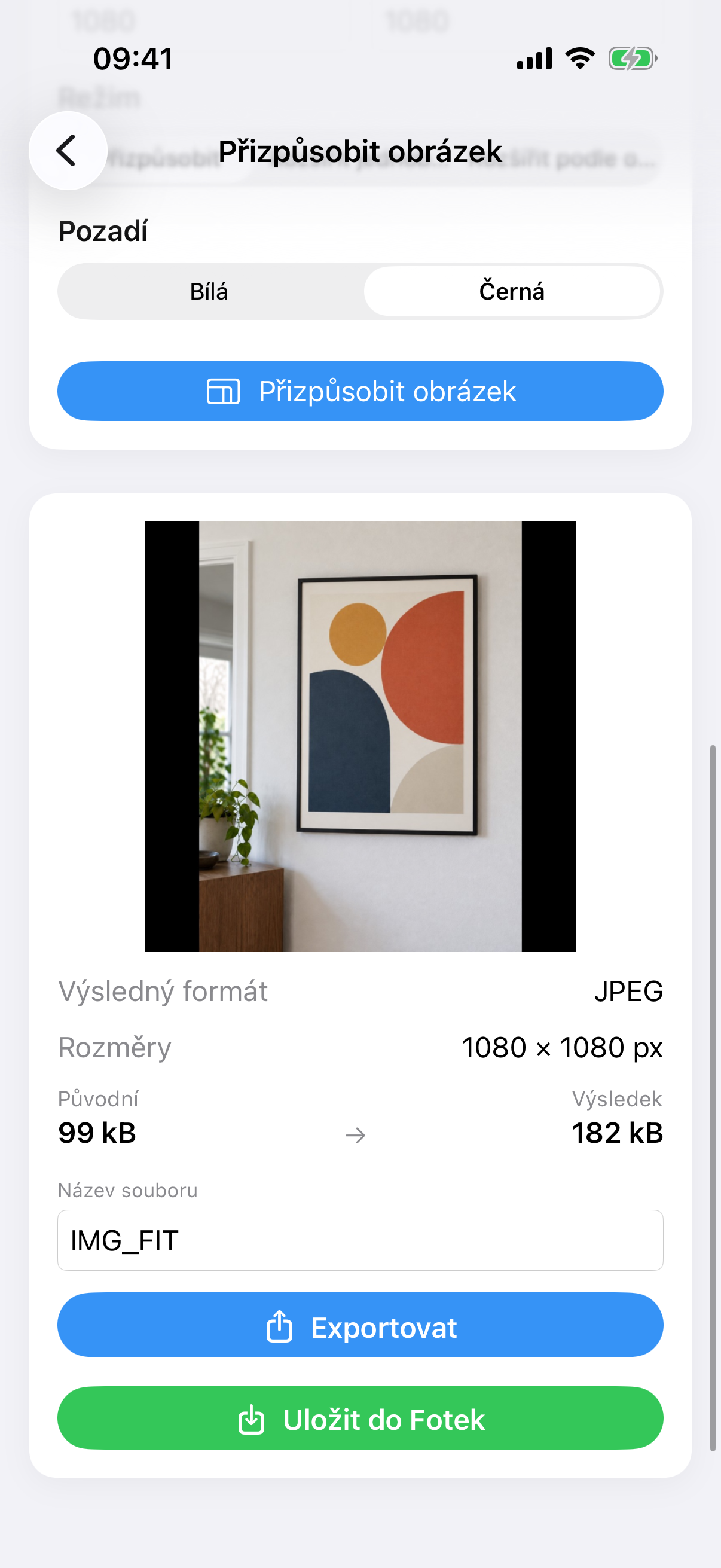 Výsledek ImageSetta Přizpůsobit obrázek: celá fotka obrazu na čtvercovém bílém plátně.