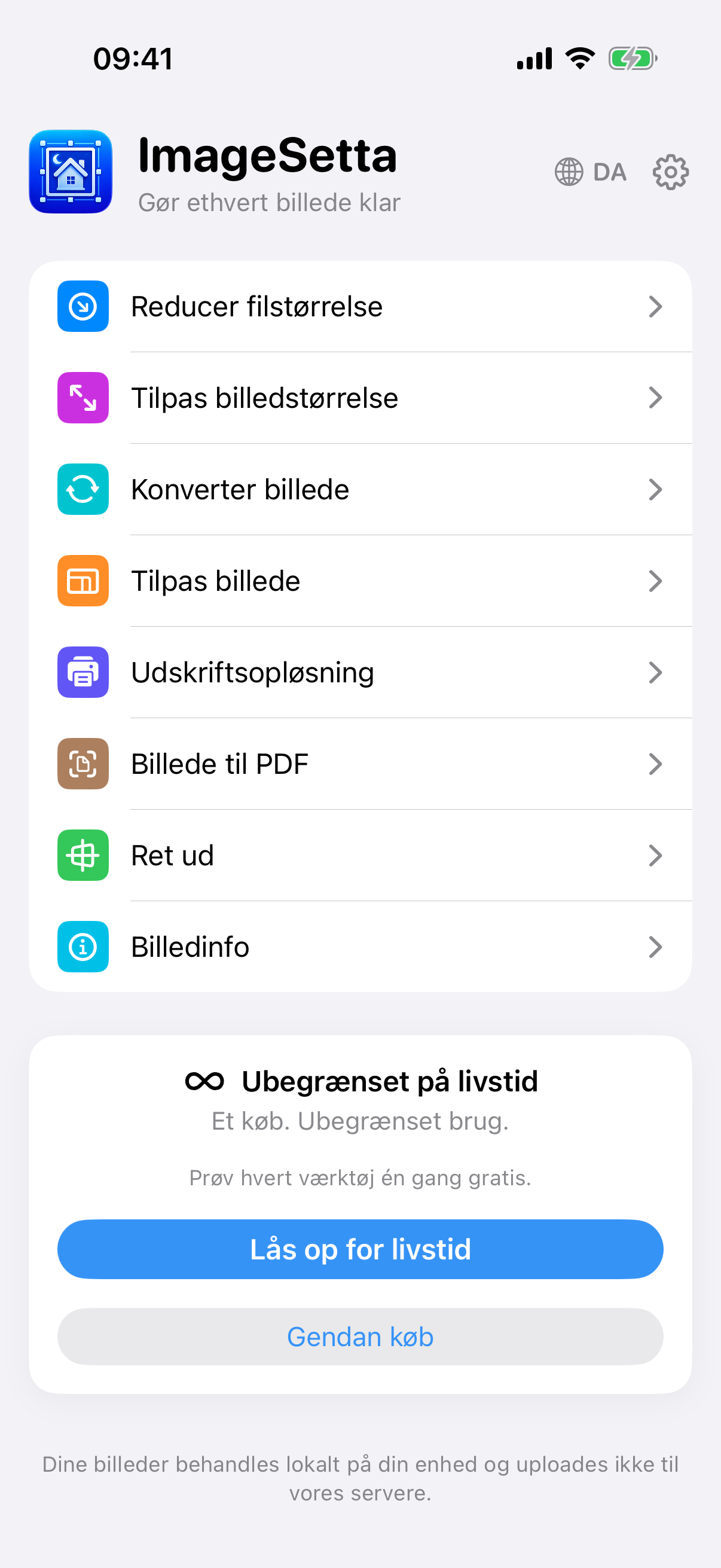 ImageSetta-startskærm: otte værktøjer, Ubegrænset på livstid, behandlingen bliver på denne enhed.