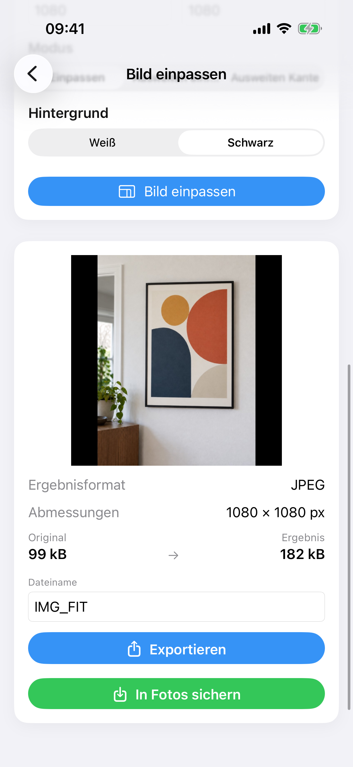 ImageSetta-Bild einpassen-Ergebnis: das volle Gemäldefoto auf einer quadratischen weißen Fläche.