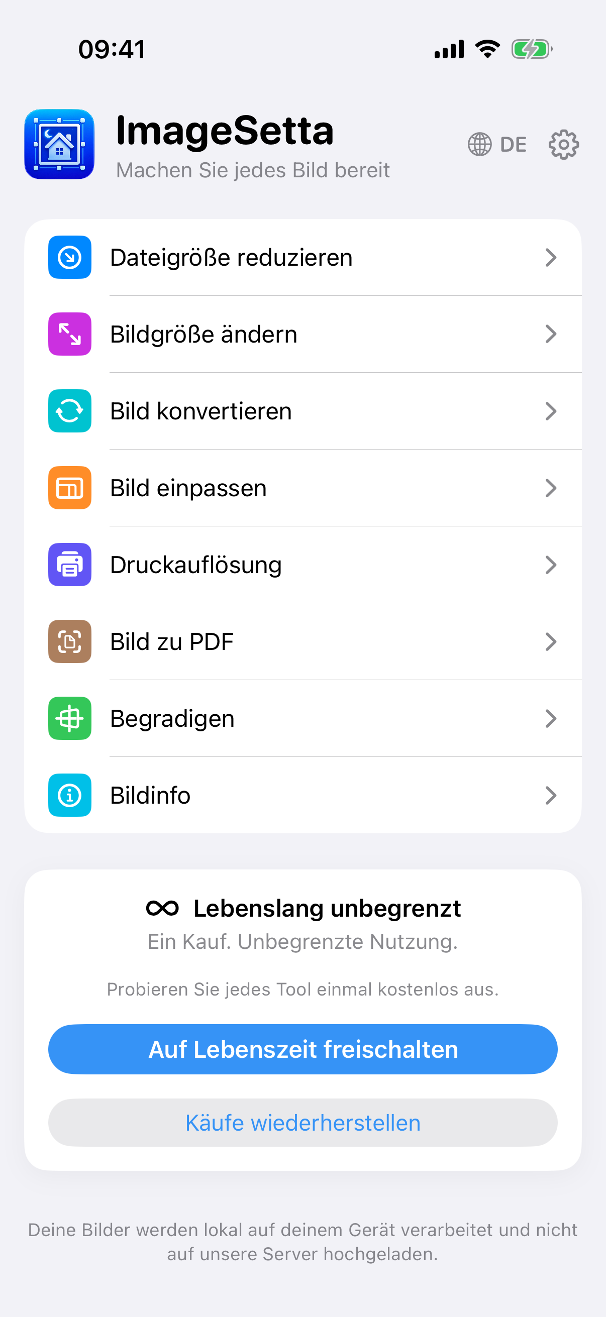 ImageSetta-Startbildschirm: acht Werkzeuge, Lebenslang unbegrenzt, Verarbeitung bleibt auf diesem Gerät.