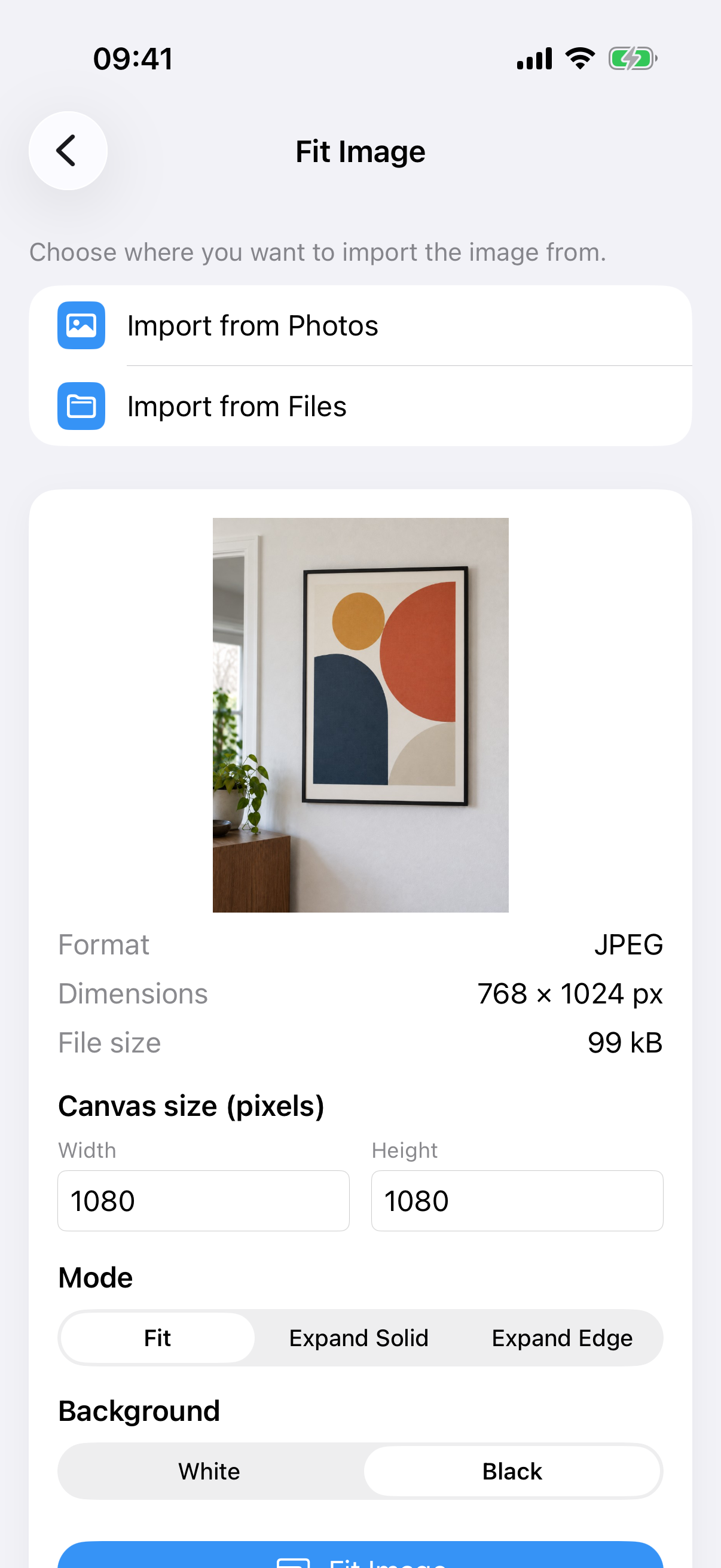 ImageSetta Fit Image with the painting photo, canvas size, Fit mode, and black background.