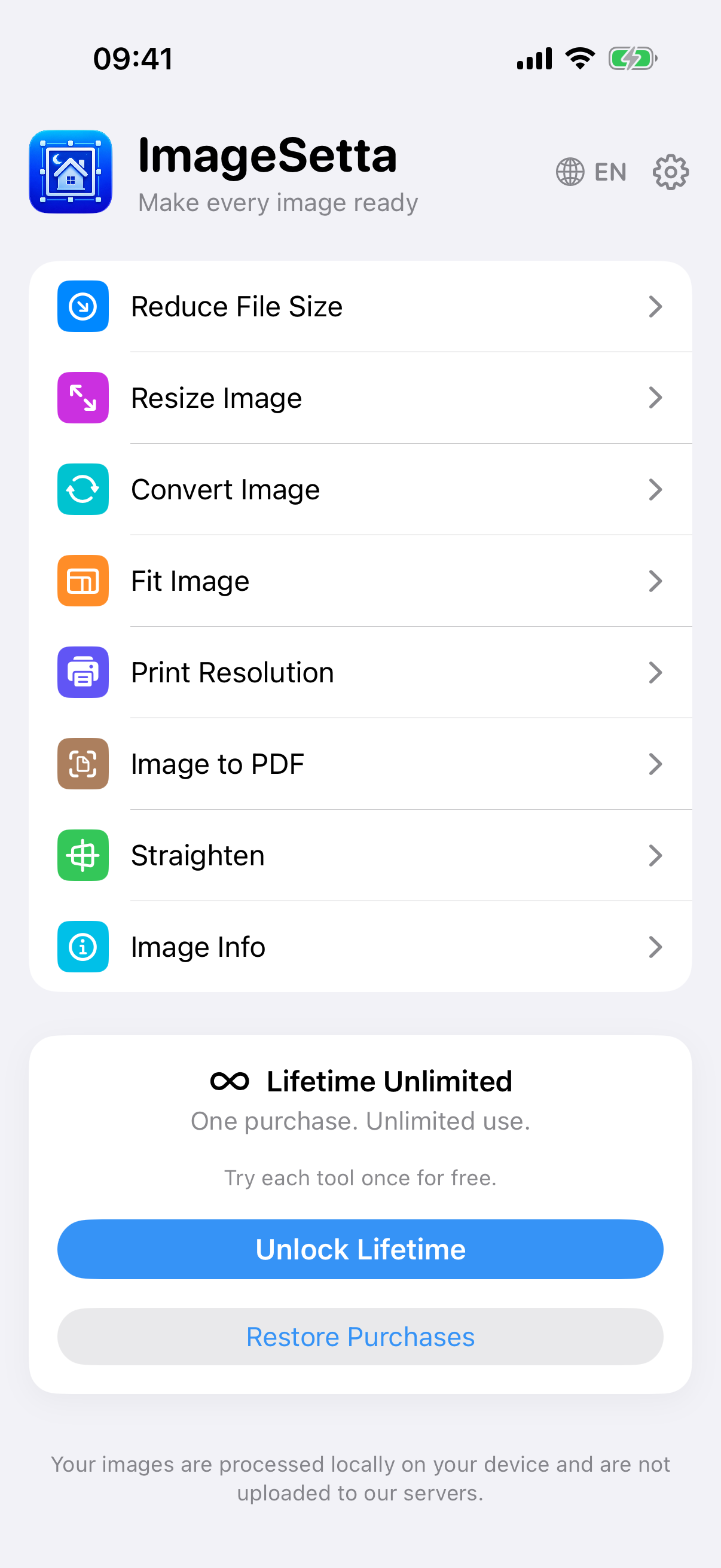 ImageSetta home screen: eight tools, Lifetime Unlimited, processing stays on this device.