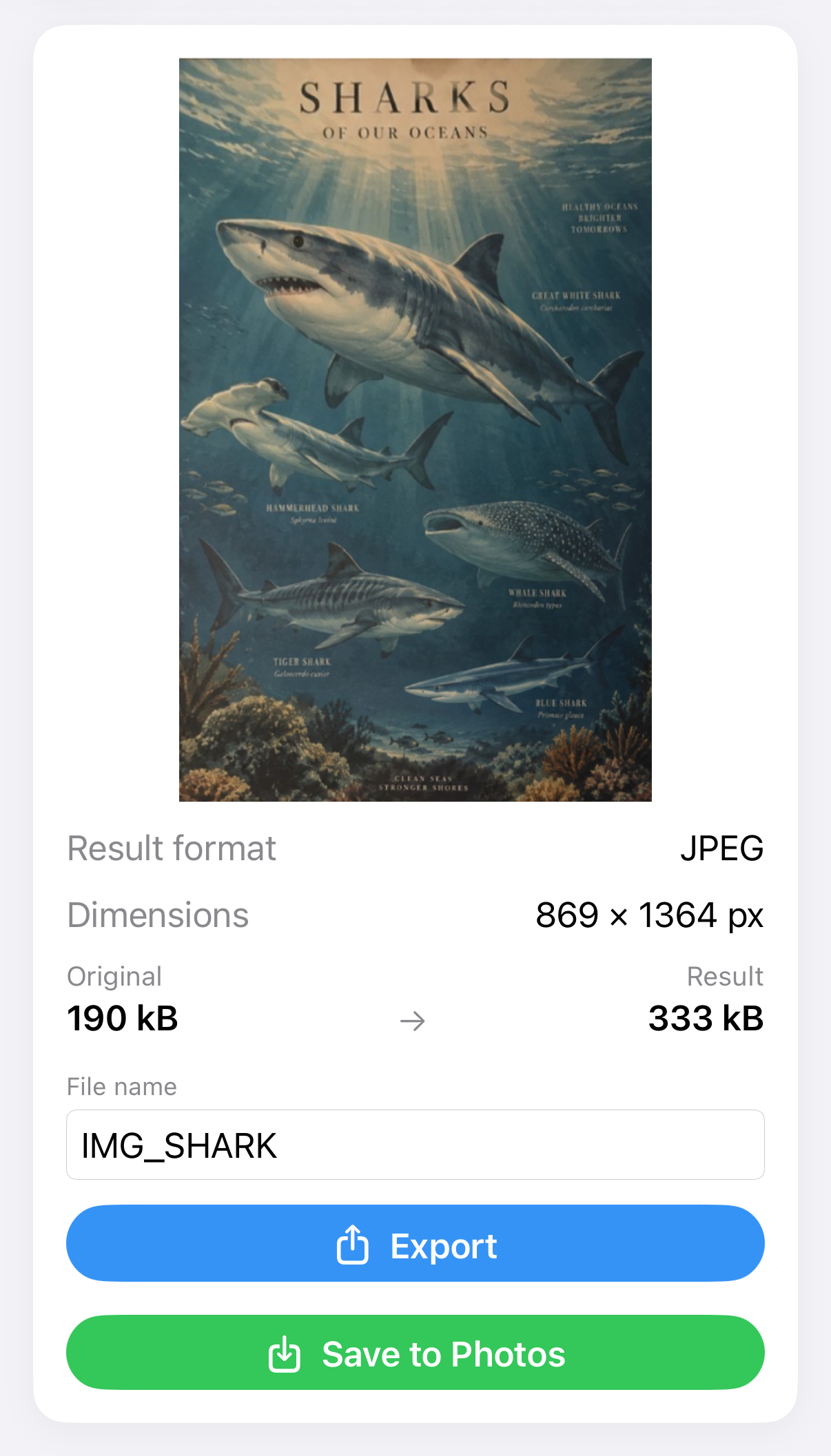 ImageSetta Straighten result: the same shark poster after perspective correction.