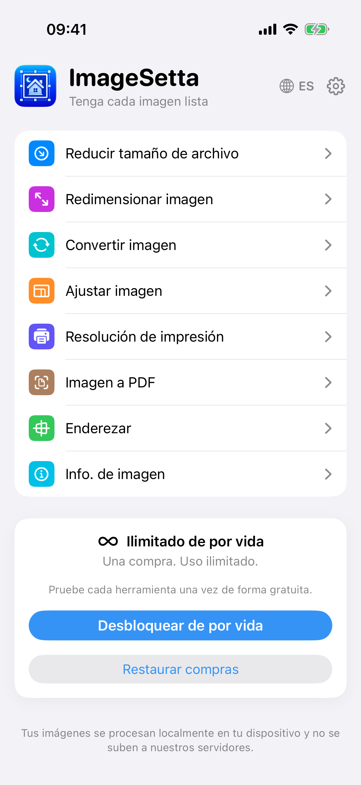 Pantalla de inicio de ImageSetta: ocho herramientas, Ilimitado de por vida, el procesamiento se queda en este dispositivo.