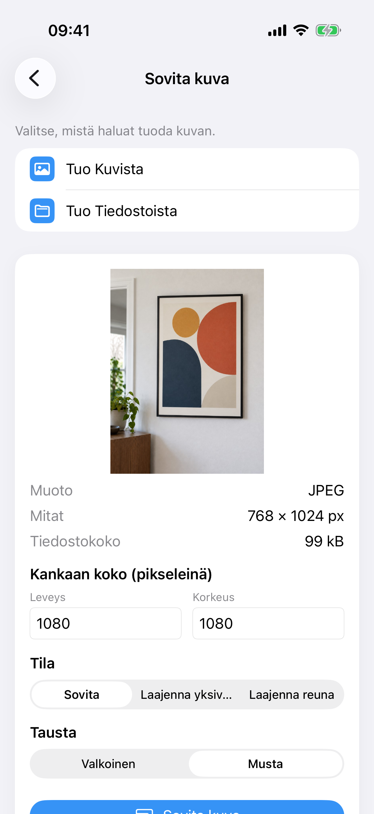 ImageSetta Sovita kuva maalauskuvalla, kankaan koolla, Sovita-tilalla ja Valkoinen taustalla.