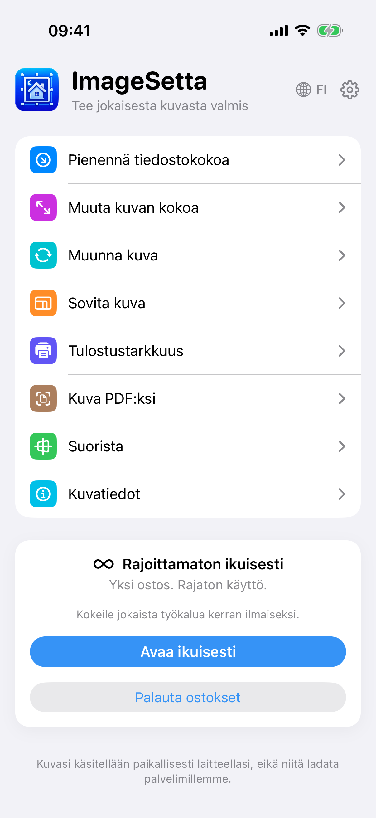 ImageSettan kotinäyttö: kahdeksan työkalua, Rajoittamaton ikuisesti, käsittely pysyy tällä laitteella.