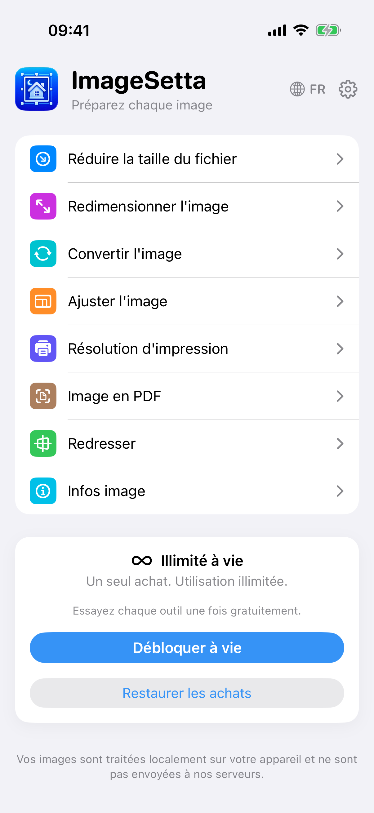 Écran d’accueil ImageSetta : huit outils, Illimité à vie, le traitement reste sur cet appareil.
