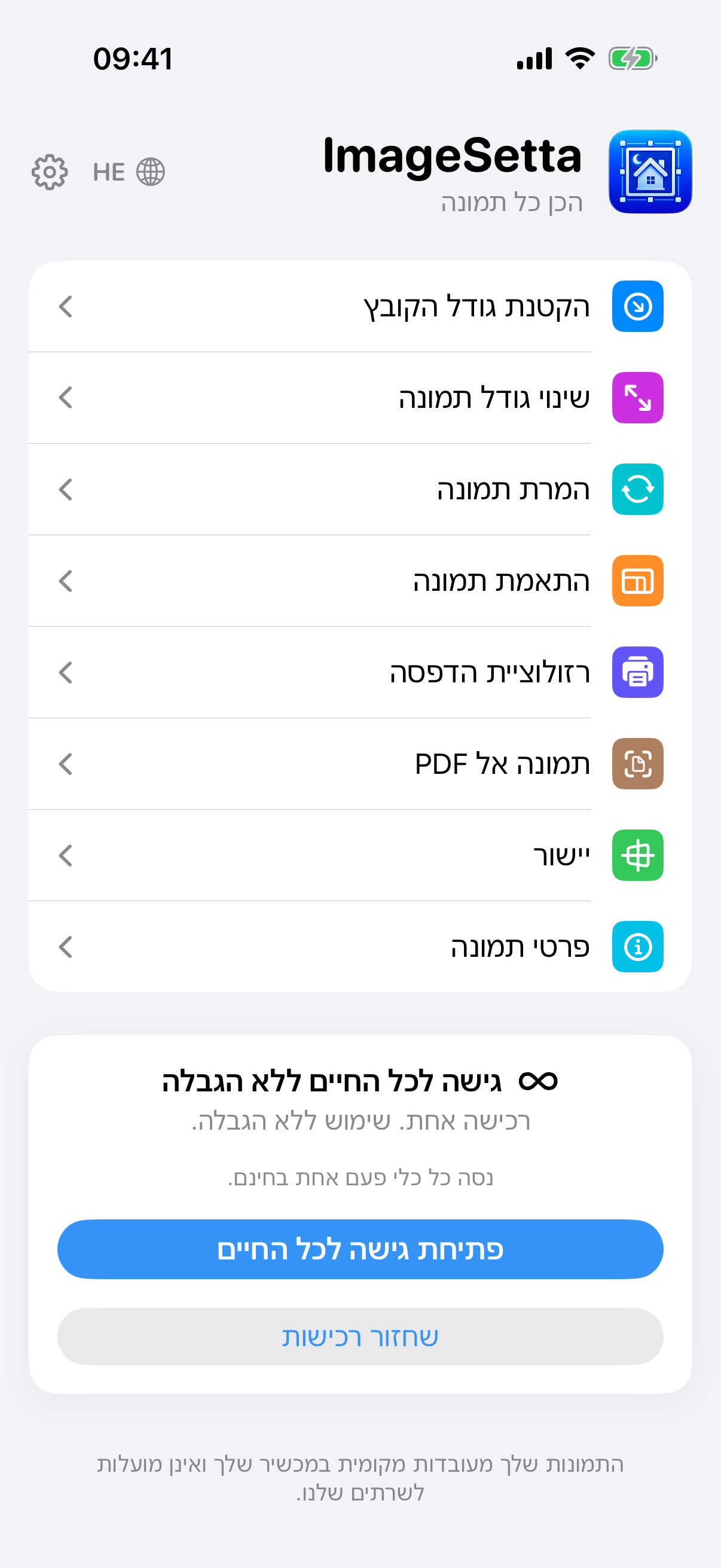 מסך הבית של ImageSetta: שמונה כלים, גישה לכל החיים ללא הגבלה, העיבוד נשאר במכשיר זה.