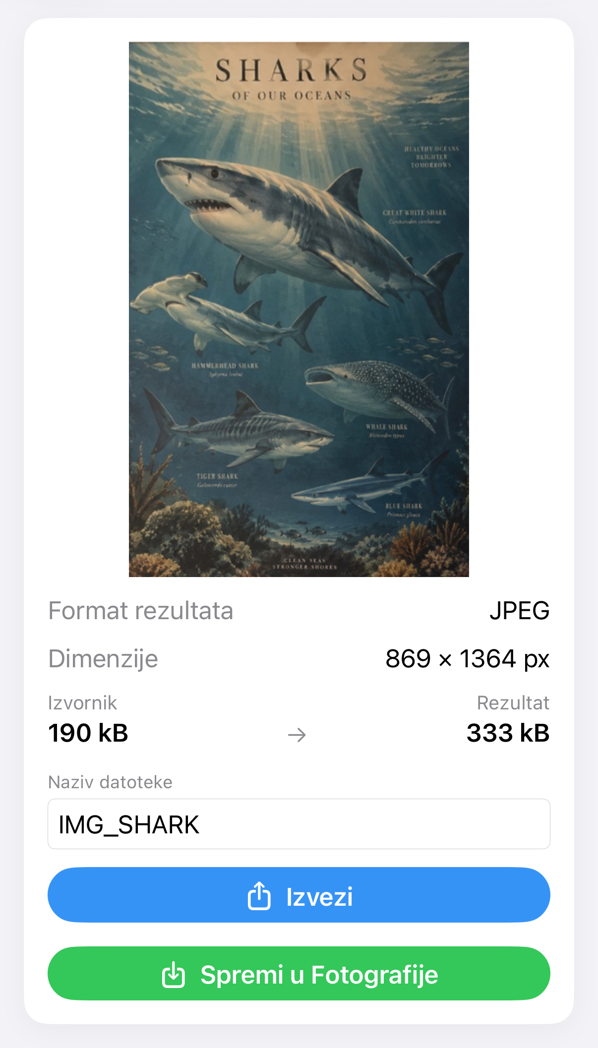 Rezultat ImageSetta Ispravi: isti poster morskog psa nakon korekcije perspektive.