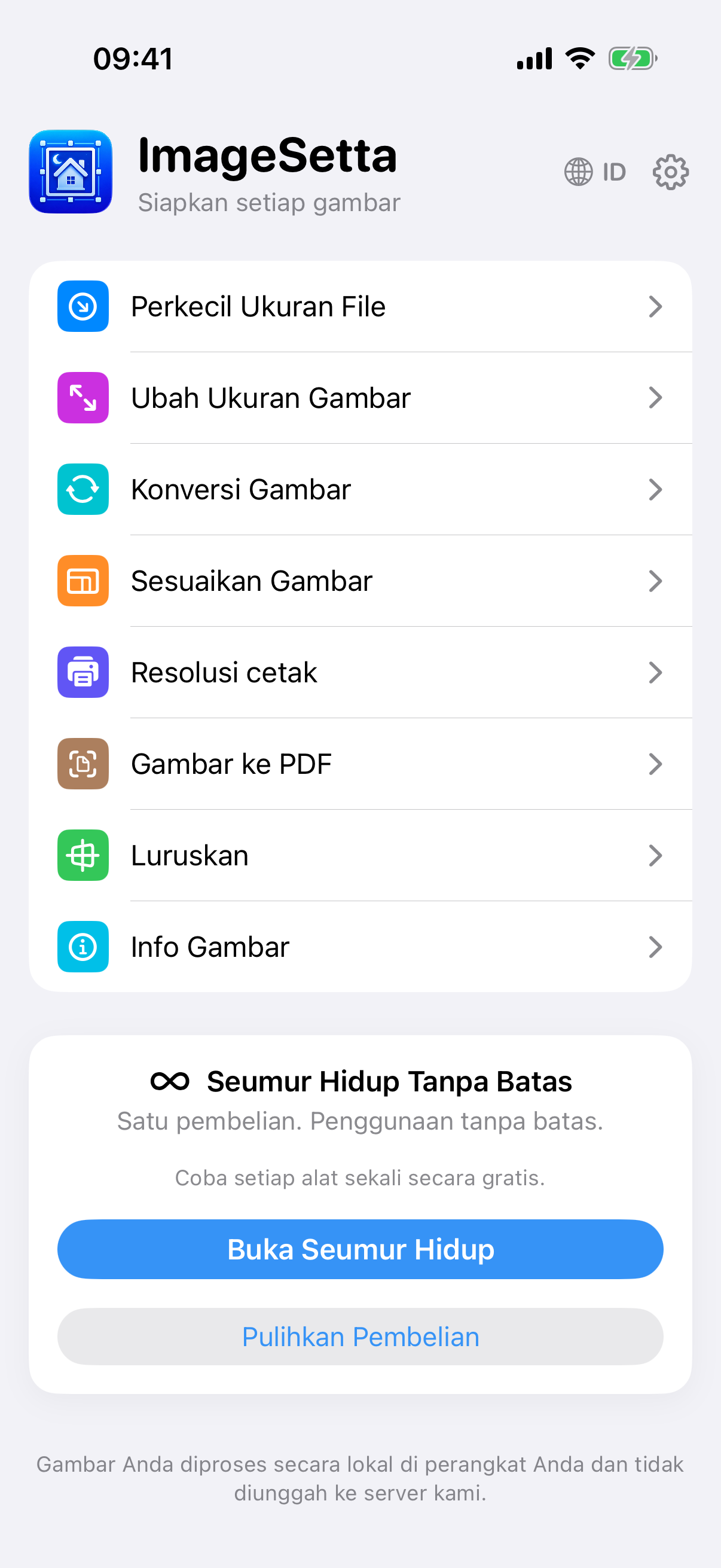 Layar beranda ImageSetta: delapan alat, Seumur Hidup Tanpa Batas, pemrosesan tetap di perangkat ini.
