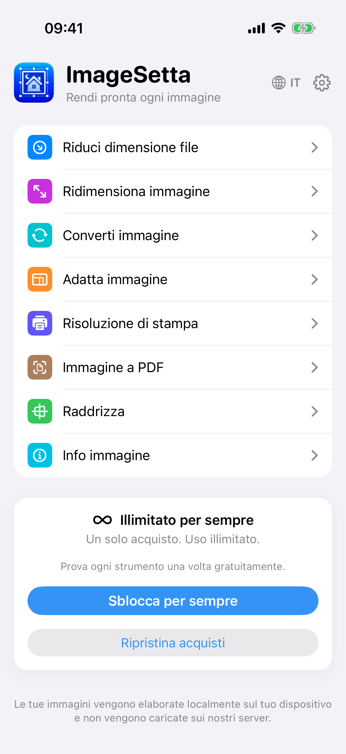 Schermata iniziale di ImageSetta: otto strumenti, Illimitato per sempre, l’elaborazione resta su questo dispositivo.