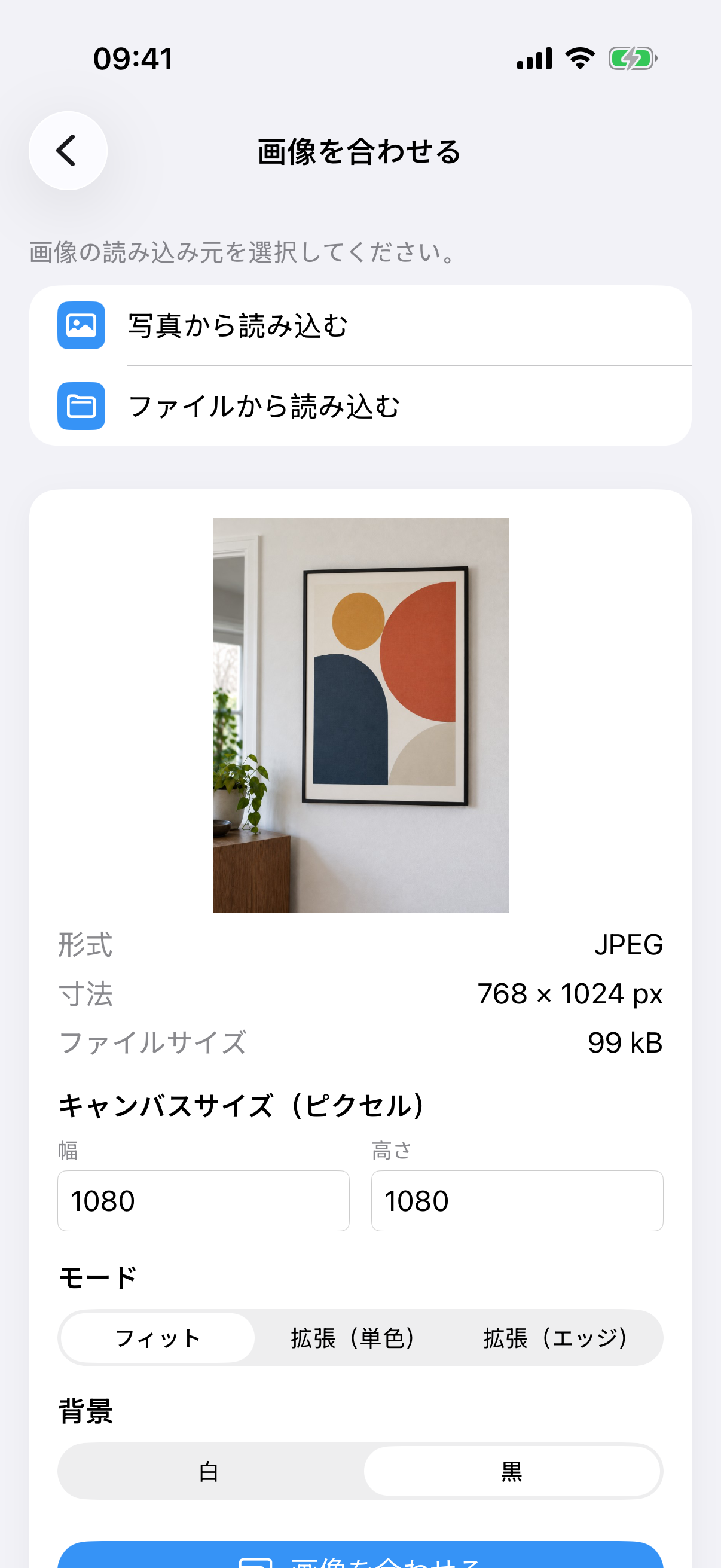 絵画の写真、キャンバスサイズ、フィットモード、白背景のImageSetta 画像を合わせる。