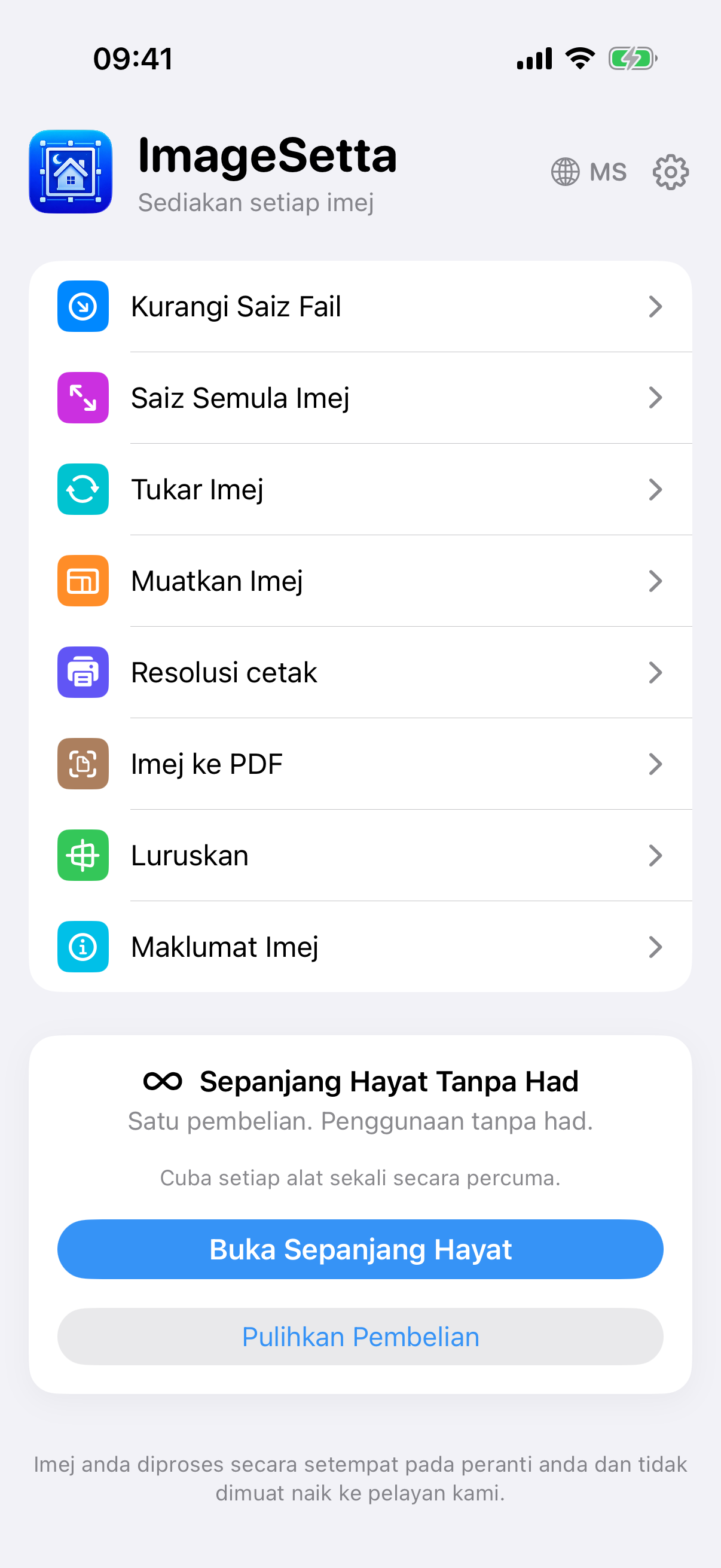 Skrin utama ImageSetta: lapan alat, Sepanjang Hayat Tanpa Had, pemprosesan kekal pada peranti ini.
