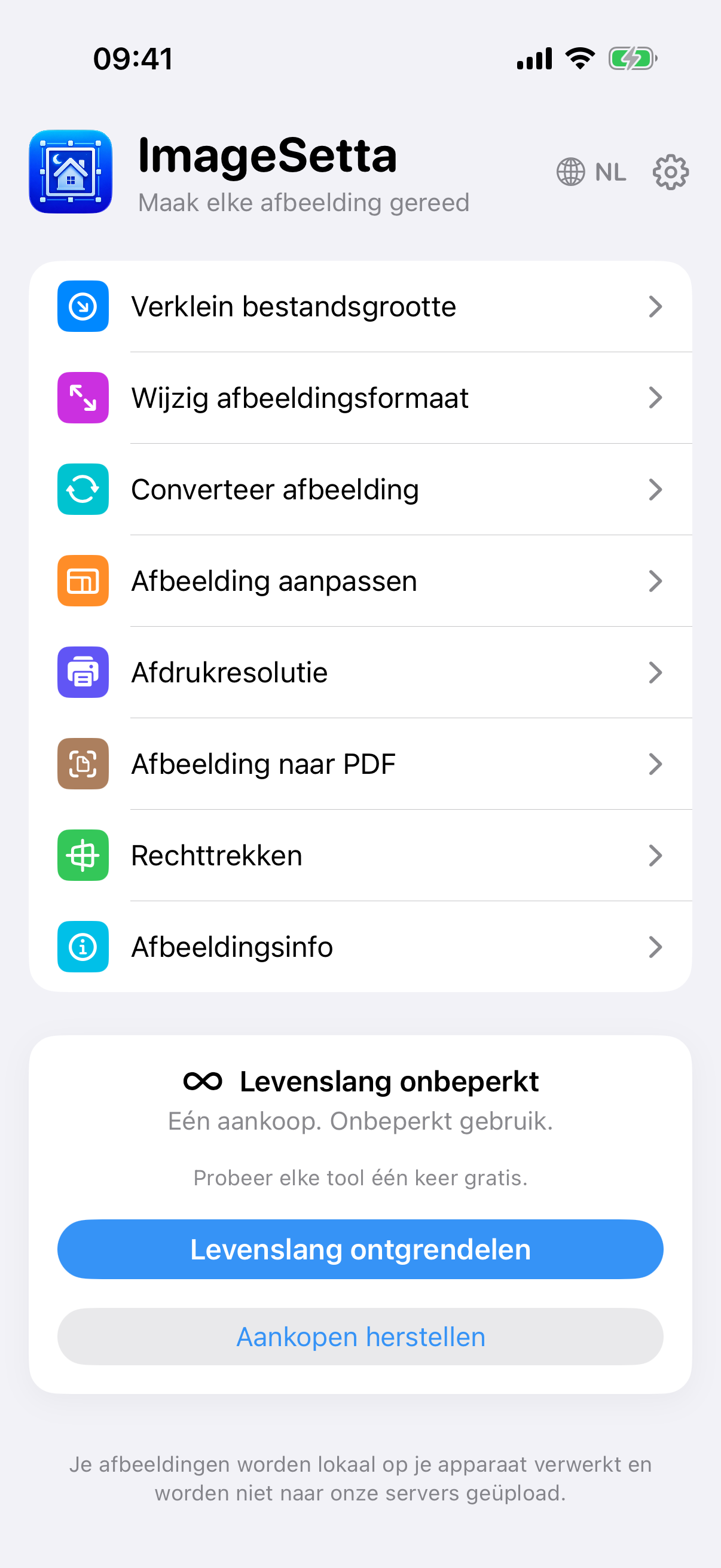 ImageSetta-startscherm: acht tools, Levenslang onbeperkt, verwerking blijft op dit apparaat.