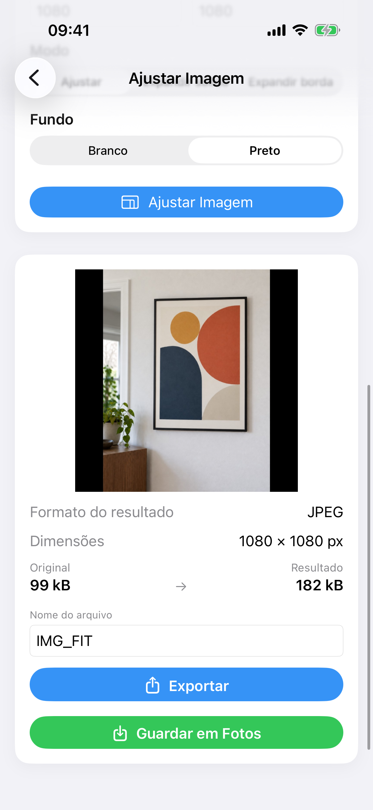 Resultado ImageSetta Ajustar Imagem: a foto completa da pintura num canvas branco quadrado.