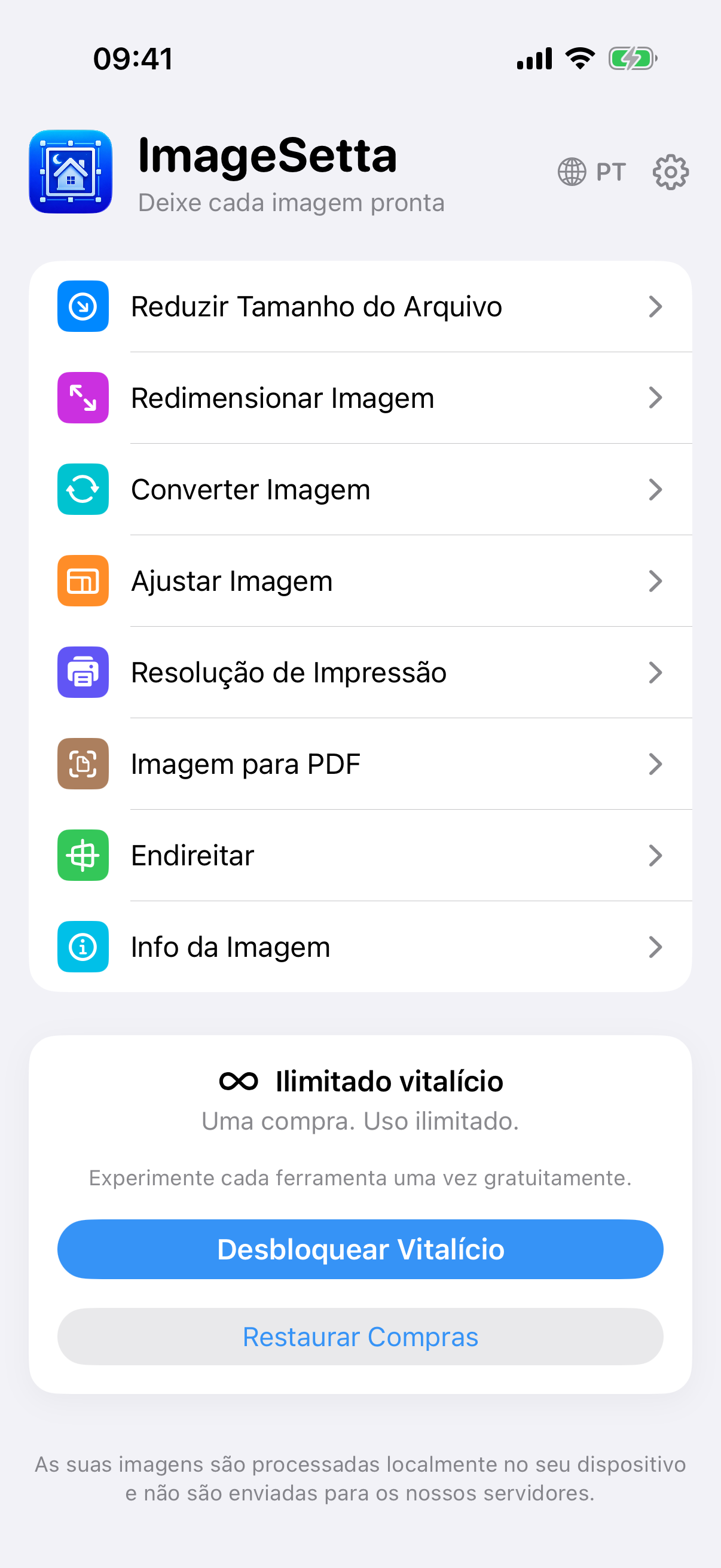 Ecrã inicial da ImageSetta: oito ferramentas, Ilimitado vitalício, o processamento fica neste dispositivo.