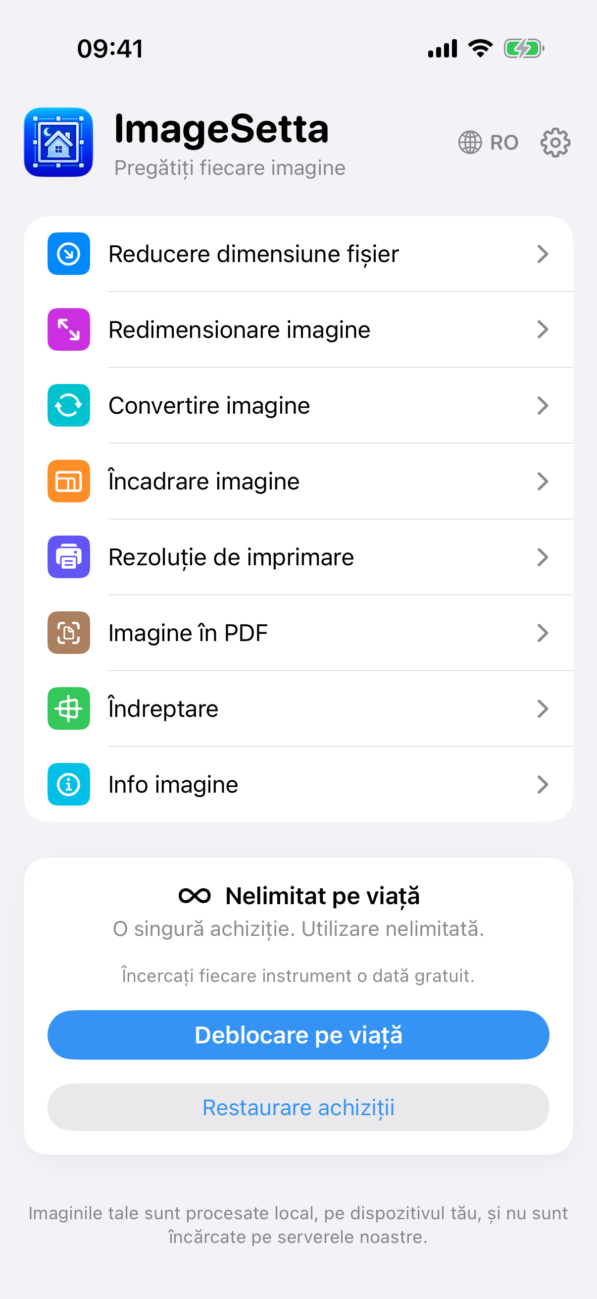 Ecranul de start ImageSetta: opt instrumente, Nelimitat pe viață, procesarea rămâne pe acest dispozitiv.
