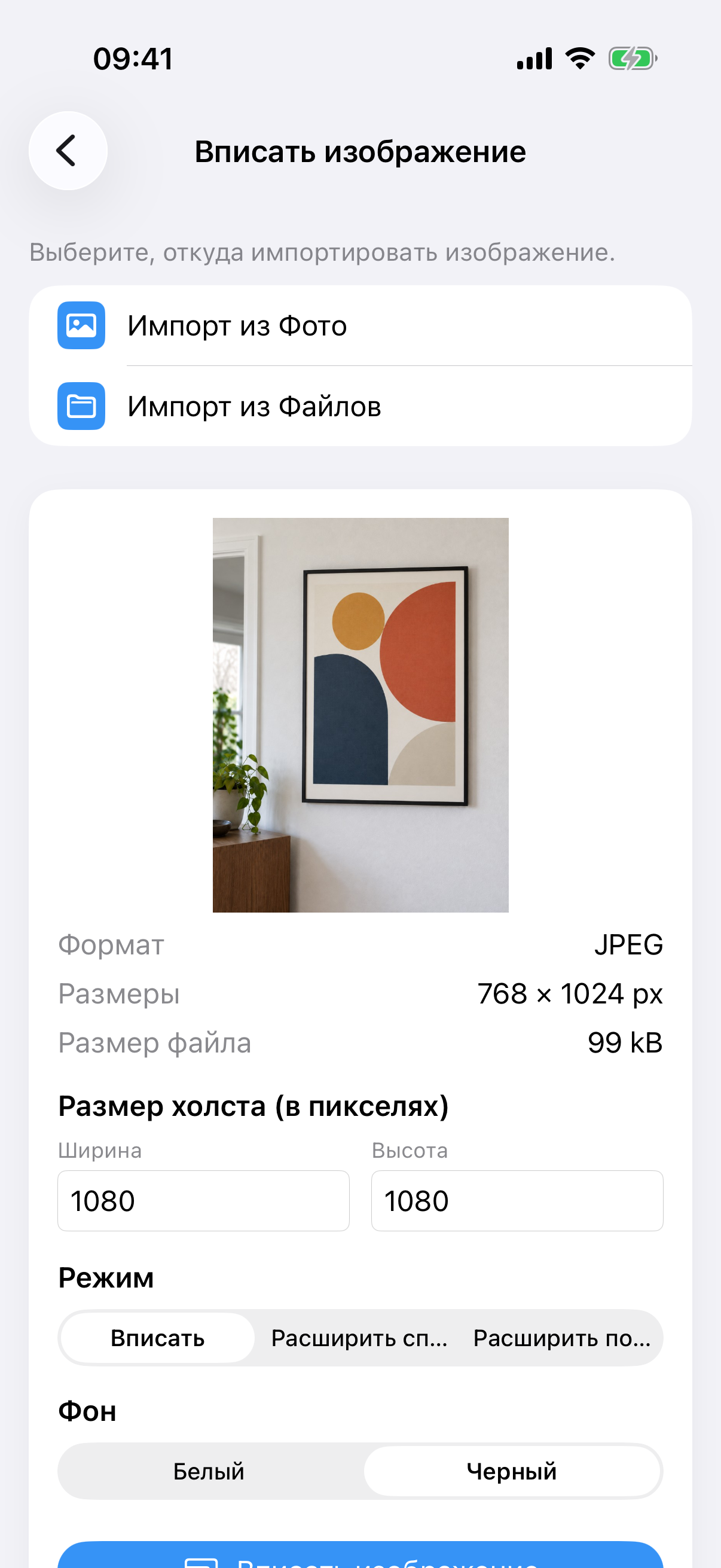 ImageSetta Вписать изображение с фото картины, размером холста, режимом Вписать и фоном Белый.