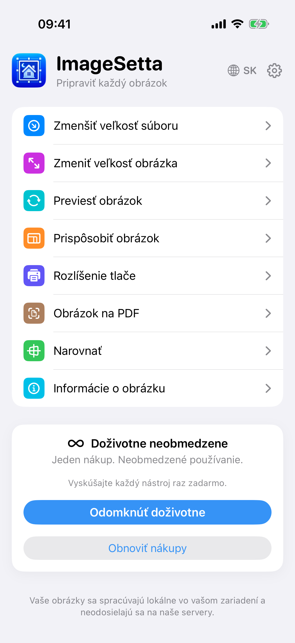Domovská obrazovka ImageSetta: osem nástrojov, Doživotne neobmedzene, spracovanie zostáva v tomto zariadení.