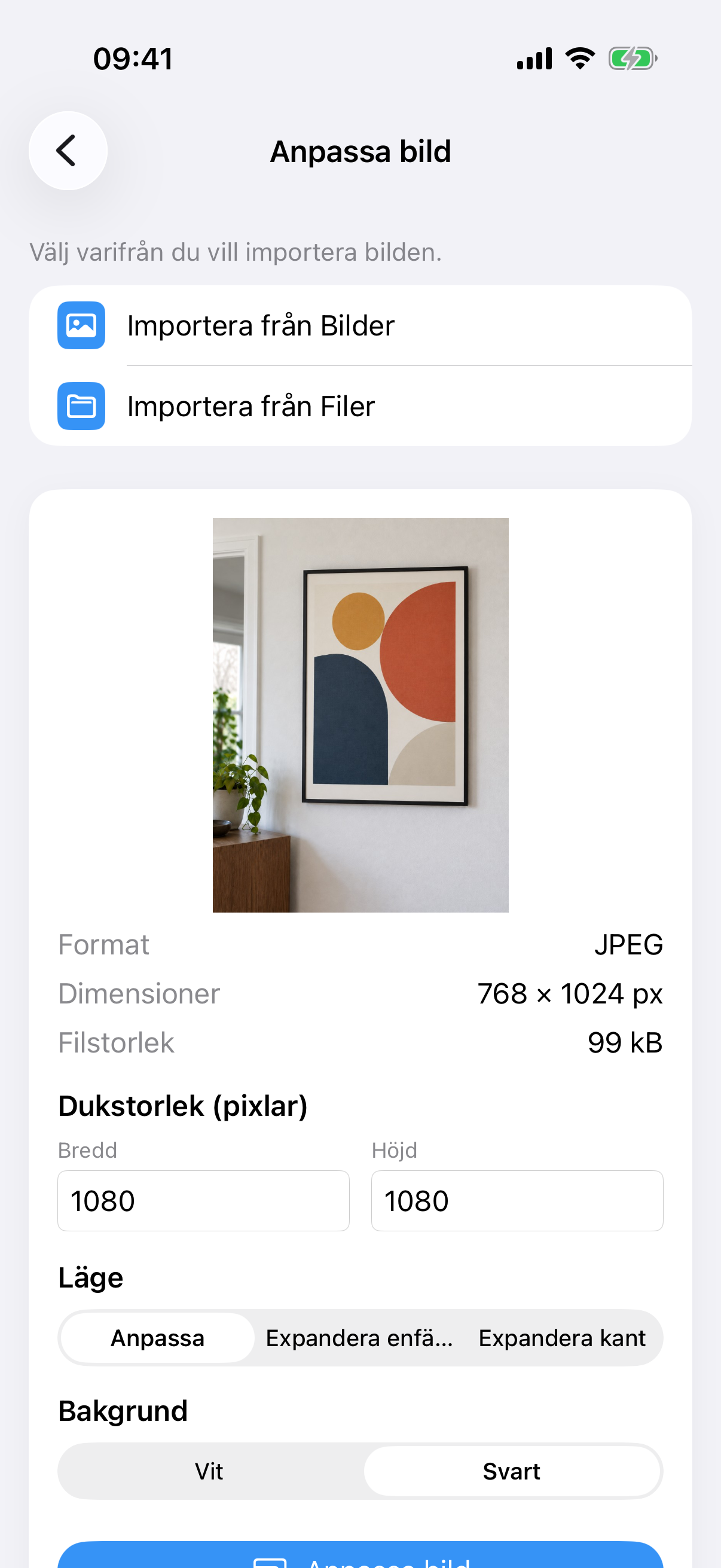 ImageSetta Anpassa bild med tavelfotot, dukstorlek, Anpassa-läge och Vit bakgrund.