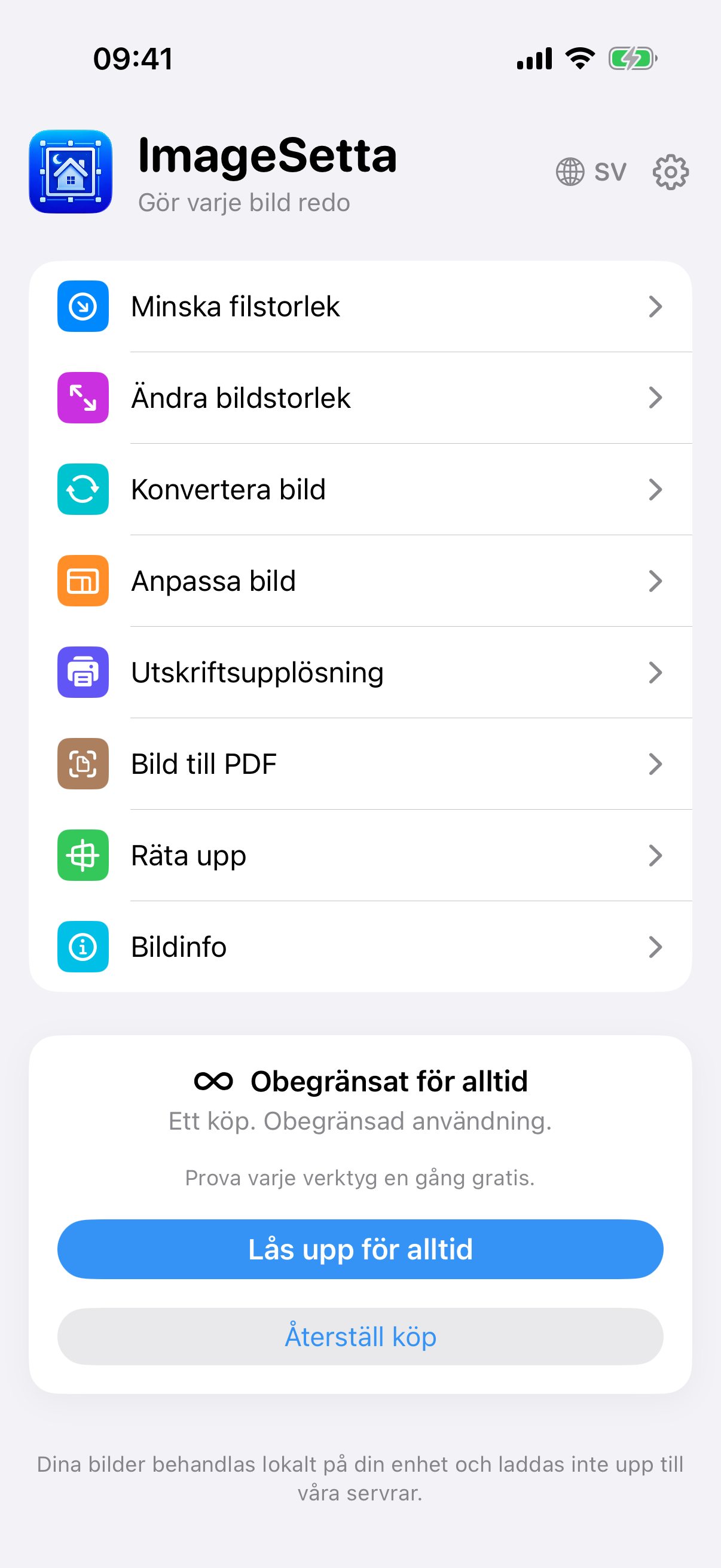 ImageSettas hemskärm: åtta verktyg, Obegränsat för alltid, bearbetningen stannar på den här enheten.