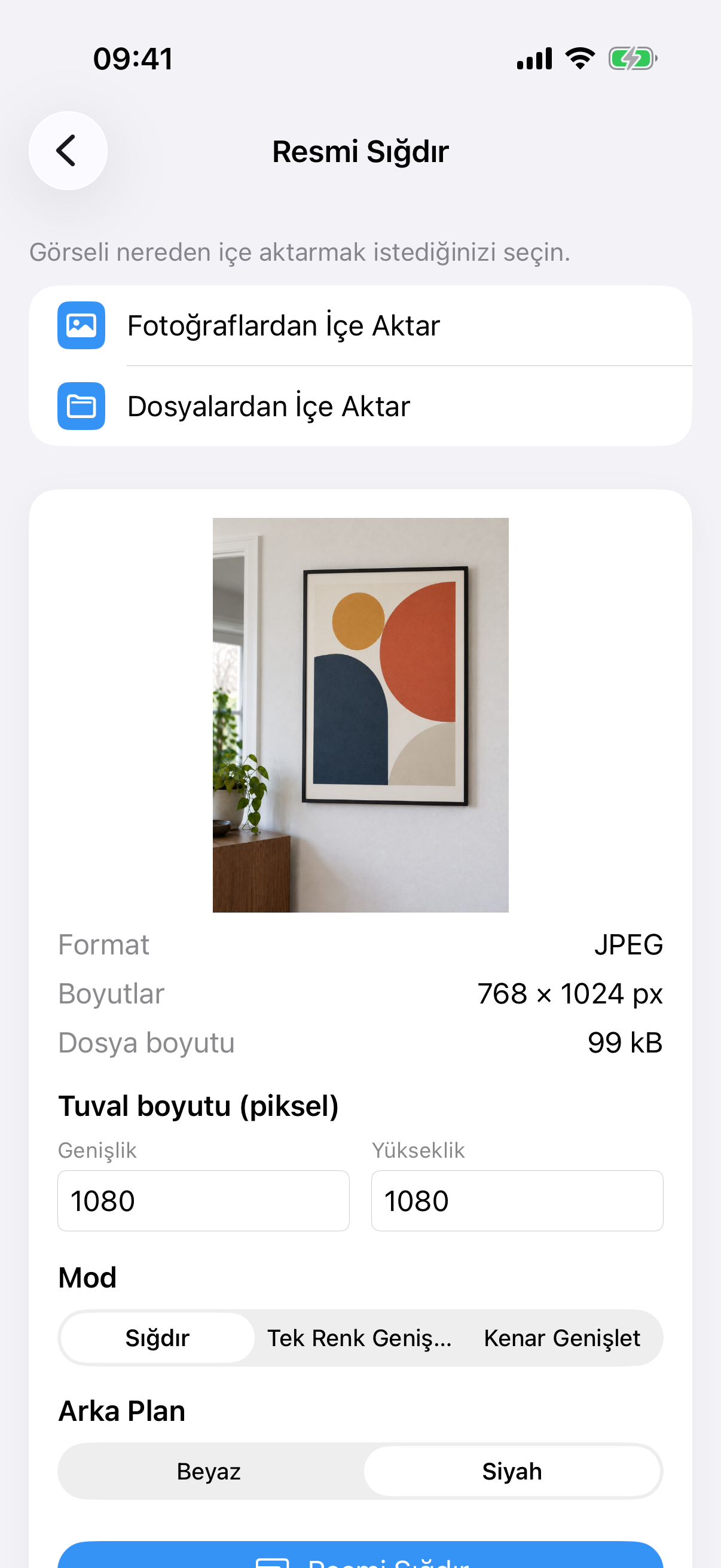 Tablo fotoğrafı, tuval boyutu, Sığdır modu ve Beyaz arka planlı ImageSetta Resmi Sığdır.