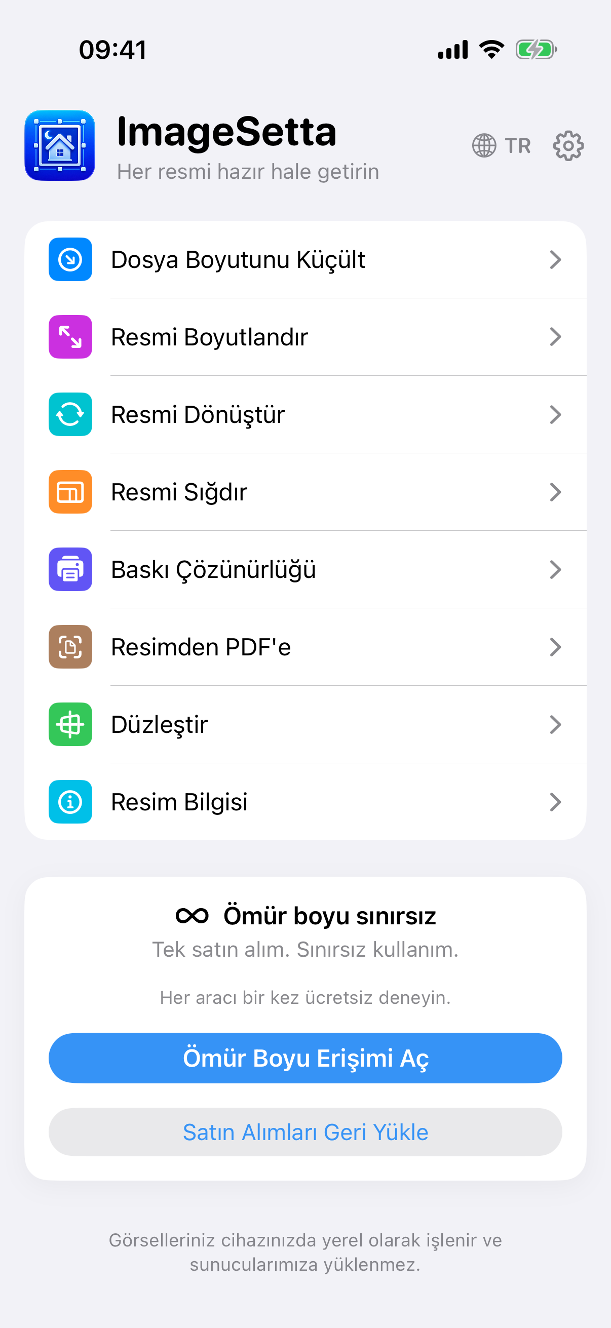 ImageSetta ana ekranı: sekiz araç, Ömür boyu sınırsız, işleme bu cihazda kalır.