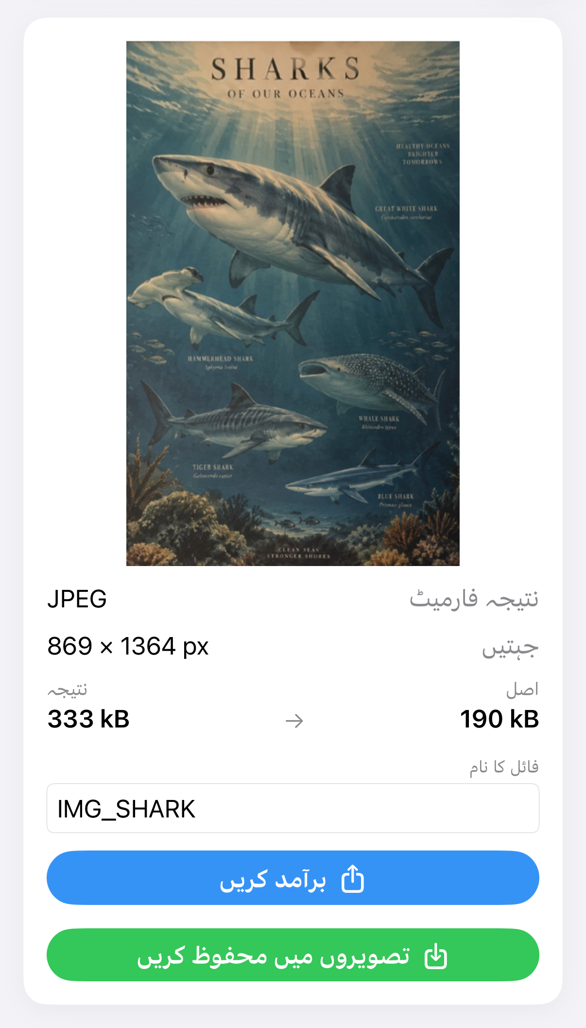 ImageSetta سیدھا کریں نتیجہ: تناظر کی درستگی کے بعد وہی شارک پوسٹر۔