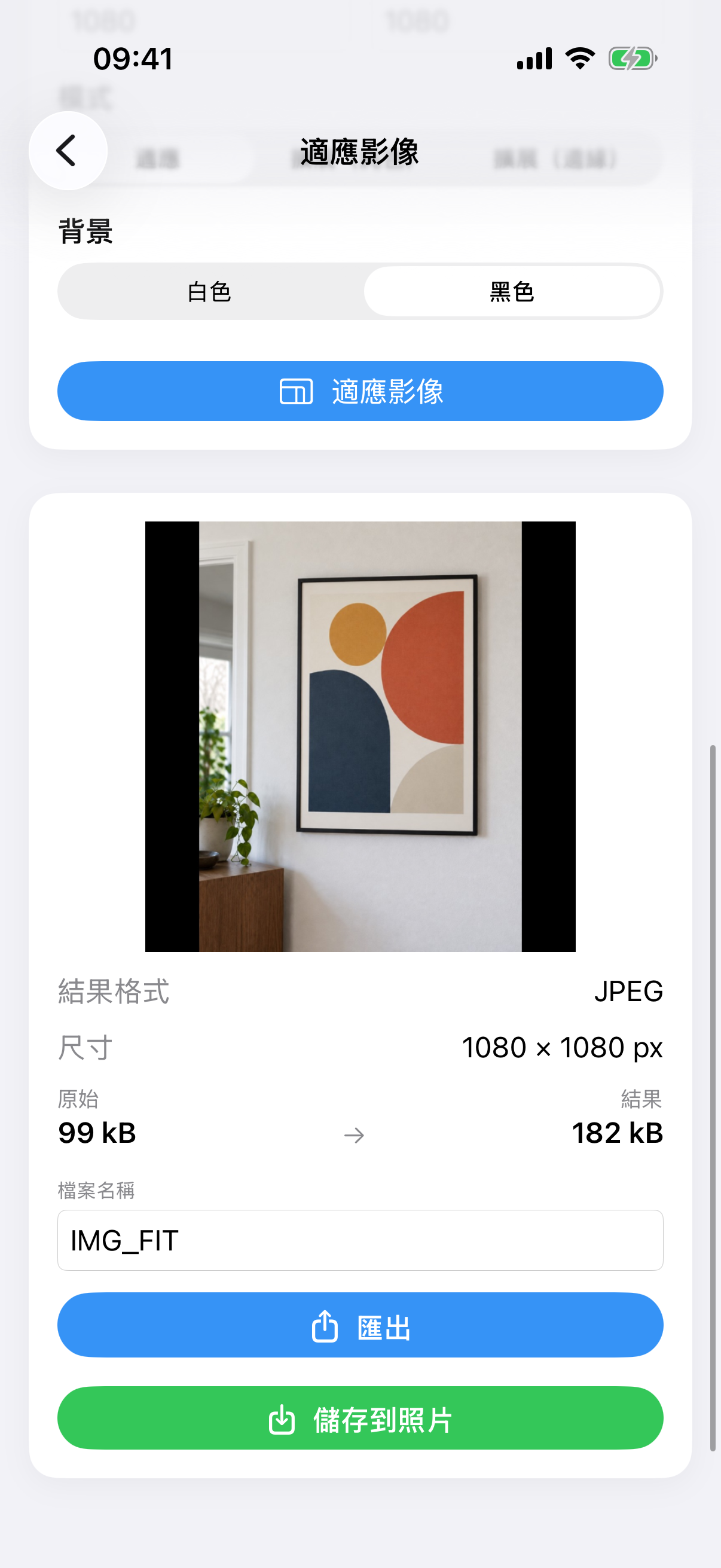 ImageSetta 適應影像 結果：完整畫作照片放在方形白色畫布上。